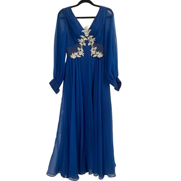VTG 80s Mike Benet Formals Floor Length Long Sleeve Blue Beaded Dress Sz 10 READ - Picture 1 of 8